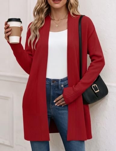 Zeagoo Cardigan Sweaters for Women Open Front Cardigans Long Sleeve Sweater - color: Red, size: Large