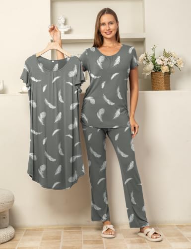SUNNYBUY 3 PCS Maternity Nursing Sleepwear Set with Nightgown, Top & Pants - color: Grey Feathers, size: X-Large