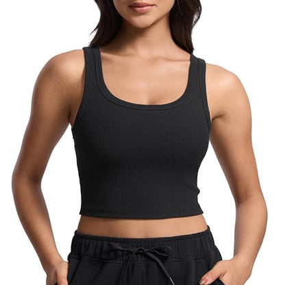 CRZ YOGA Ribbed U Neck Crop Tank Tops - color: Black, size: X-Large