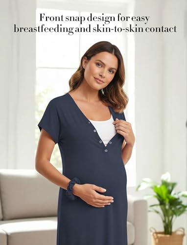 PATPAT Maternity Labor and Delivery Gown, Womens Hospital Gown with Pockets - color: Navy Blue, size: Medium (Fit S/M)