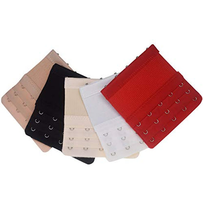 Elastic Bra Extender Strap 5 Hook 3 Row 3/4" Plus Size Bra Extension Band - color: 5pcs Bra Extenders (Black, White, Red, Light Beige, Dark Beige)