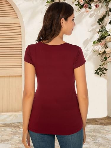 Glampunch Maternity Tops, Front Pleat Peplum Tunic Top Pregnancy Shirts - color: A2 Wine Red, size: Large