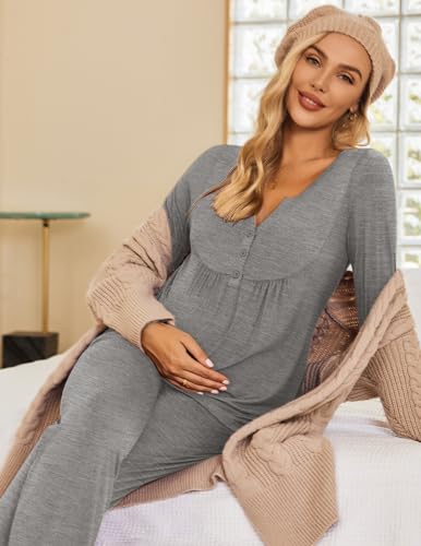 Ekouaer Maternity Nursing Pajama Set Long Sleeve Postpartum Pjs Mom Clothes - color: Heather Grey, size: XX-Large