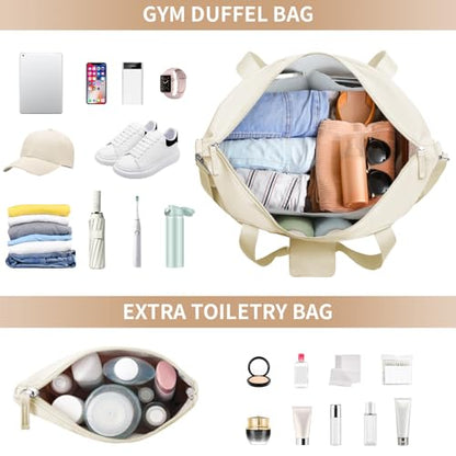 Gym Bag for Women, 45L Carry On Travel Duffel Bag with Shoes Compartment - color: Beige, size: Large