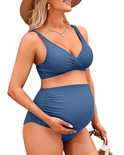 Charmo High Waisted Maternity Swimsuit Bikini V Neck Pregnancy Bathing Suit - color: #2b Blue, size: X-Large