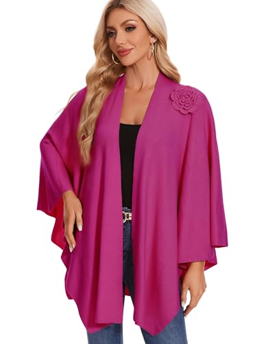PULI Women Elegant Cross Front Floral Shawl Wraps Poncho Fall Winter - color: Hotpink