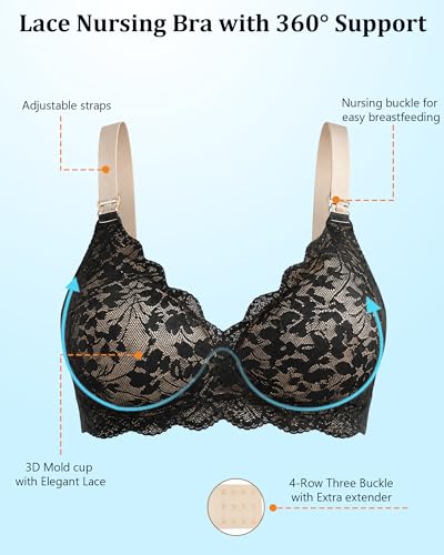 Lace Nursing Bras for Breastfeeding, Wireless Maternity Bra - color: Beige/Black, size: Large