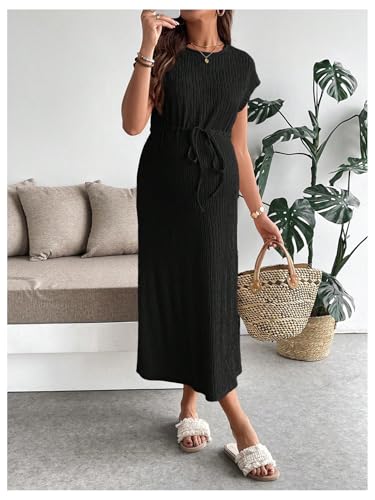 OYOANGLE Women's Maternity Summer Casual Short Sleeve Long Midi Dress - color: Black, size: Medium