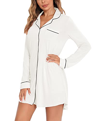 Samring Nightgowns for Women Long Sleeve Button Down Night Gown Sleepshirts - color: White, size: Small