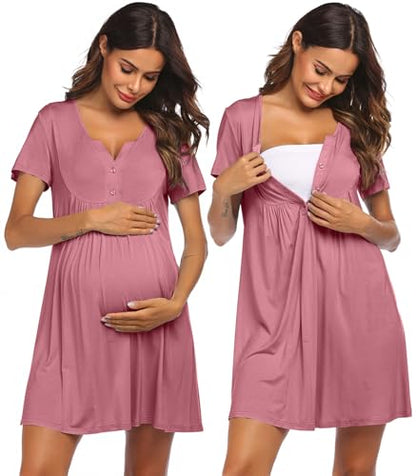 Ekouaer Labor and Delivery Gown Maternity Nursing Nightgown Breastfeeding - color: Burgundy, size: Medium