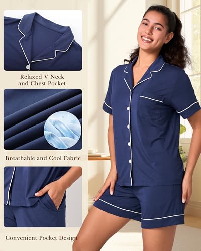 BAMBOO COOL Women's Pajama Set 2 Piece Button Down - color: C-navy, size: X-Large