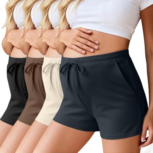 Ficerd 4 Pack Women's Maternity Athletic Shorts - color: Charcoal Gray, Cream, Brown, Black, size: Small
