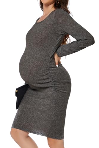 Smallshow Women's Knit Maternity Dress Long Sleeve Pregnancy Clothes - color: Deep Grey, size: Medium