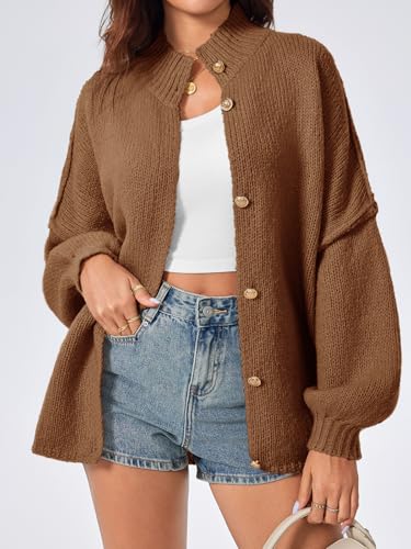 Saodimallsu Womens Oversized Cardigans Long Lantern Sleeve Button Down Chunky Knit Loose Fall Sweater Coats - color: Brown, size: Medium