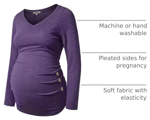 GINKANA Maternity Shirt Long Sleeve Basic Top Ruch Sides Buttons Tshirt for Pregnant - color: Purple, size: Large