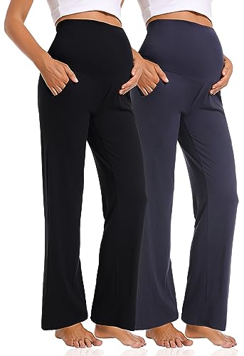 Foucome Women's Maternity Pants Wide Leg Pregnancy Work Pants - color: 2 Pack Black+navy, size: X-Large