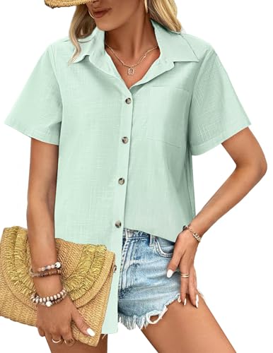 HOTOUCH Women Cotton Button Down Shirts Short Sleeve Linen Blouses Tops - color: Light Green, size: Small