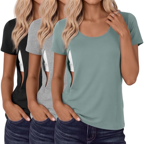 Huukeay 3 Pack Women's Nursing Shirts - color: Black, Gray, Gray Green, size: Small