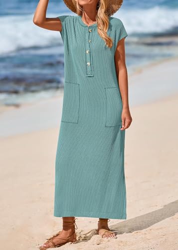KIRUNDO Womens Summer Ribbed Knit Short Sleeve Maxi Dress - color: Bean Green, size: Medium