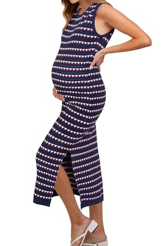 OUGES Women's Sleeveless Striped Bodycon Sweater Maternity Midi Dress - color: Blue Red Striped, size: Large