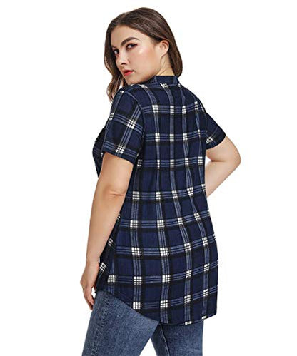 MONNURO Womens Plus Size Tops Button Down Tunic Plaid Shirts Casual Blouses - color: Navy Blue, size: 4X
