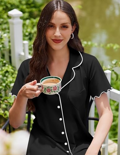 Ekouaer Cotton Nightgowns for Women Button Down Sleep Shirts Night Shirts - color: Black, size: Small