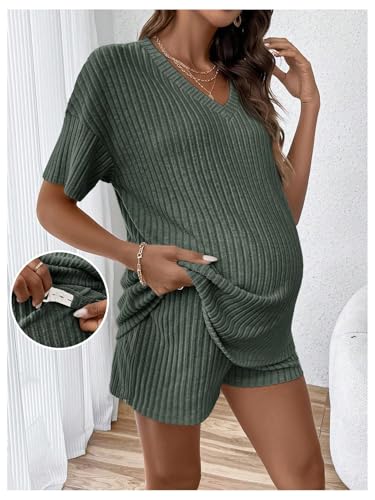 MakeMeChic Women's Maternity 2 Piece Sets Ribbed Shirt and Biker Shorts - color: Green a, size: Medium
