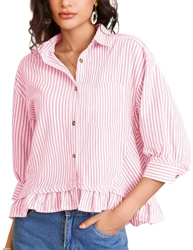 Flygo Womens Striped Button Down Shirts Cropped 3/4 Sleeve Ruffled Blouses - color: Pink, size: Small