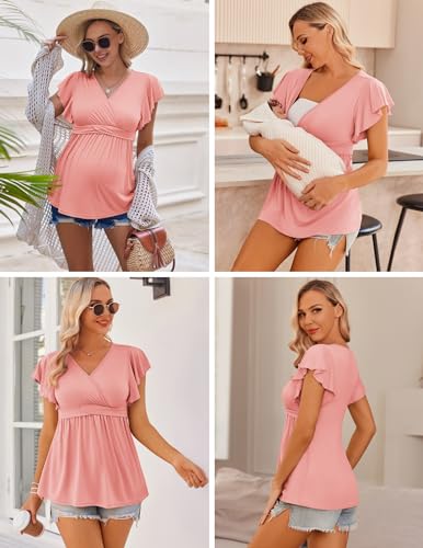 Ekouaer Maternity Shirts 3 Packs Nursing Tops Pregnancy Clothes - color: Light Grey+black+orange Pink(3pcs), size: Large