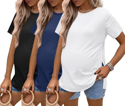 Ekouaer 3 Pack Maternity Shirts Short Sleeve Pregnancy Tops Summer Clothes - color: White/Black/Navy, size: Medium