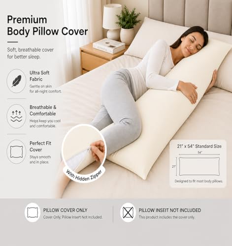 EVOLIVE Body Pillow Cover 21"x54", Microfiber, Hidden Zipper, (Ivory) - color: Ivory