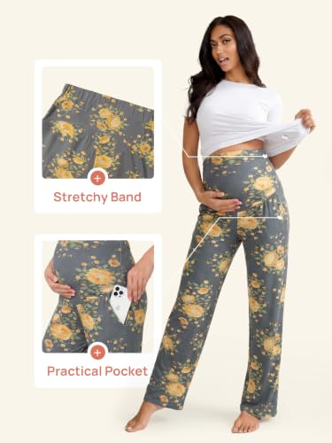 Summer Mae Viscose Maternity Pants Pregnancy Pajama Lounge Pant with Pocket - color: Grey Marigold, size: X-Large