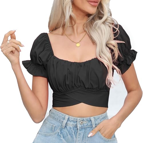 Women's Crop Tops Ruffle Short Sleeve Tie Back Off Shoulder Blouse - color: Black, size: Medium