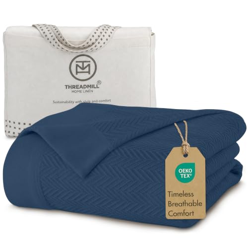 Threadmill Luxury 100% Cotton Queen Herringbone Blanket, Folkstone Blue - color: Folkstone Blue, size: Queen (90" x 92")