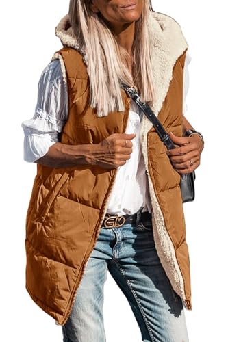 PRETTYGARDEN Women's Winter Reversible Fleece Long Vests - color: Brown, size: Medium