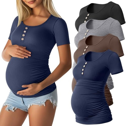 4 Pack Womens Short Sleeve Maternity Shirts - color: Black, Light Gray, Coffee, Navy Blue, size: Large