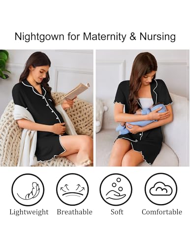 Ekouaer Cotton Nightgowns for Women Button Down Sleep Shirts Night Shirts - color: Black, size: Small