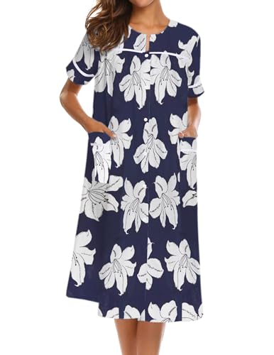 Ekouaer House Dress for Women with Pockets Duster Button Down Nightgown - color: Navy Flower, size: Medium