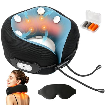 Travel Neck Pillow with Heat & Massage,Neck Massager with 8-Point Vibration