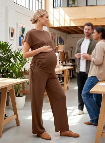 BLENCOT Maternity Clothes Summer Short Sleeve Sets Casual 2 Piece Outfits - color: Brown, size: Small