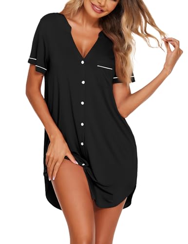 Ekouaer Nightgowns for Women Button Down Night Gown Short Sleeve Sleepshirt - color: Black, size: Small