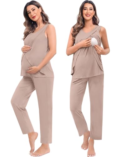 SWOMOG Maternity Nursing Robe Set 3 PCS Postpartum Breastfeeding Pajamas Hospital Pregnancy Pjs Double Layer Lounge Set - color: Light Brown, size: X-Large