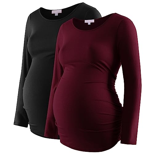 Maternity Shirt Long Sleeve Basic Top Ruch Sides Bodycon Tshirt for Pregnant Women - color: Black/Burgundy, size: Small