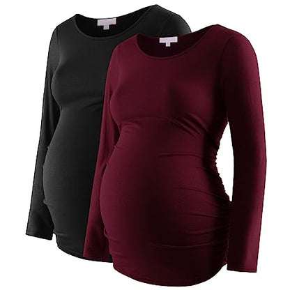 Maternity Shirt Long Sleeve Basic Top Ruch Sides Bodycon Tshirt for Pregnant Women - color: Black/Burgundy, size: Small