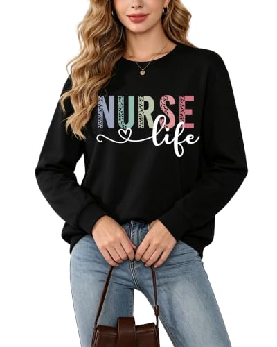 Registered Nurse Sweatshirt Women RN Nurse Long Sleeve Graphic Shirts - color: Black2, size: Medium