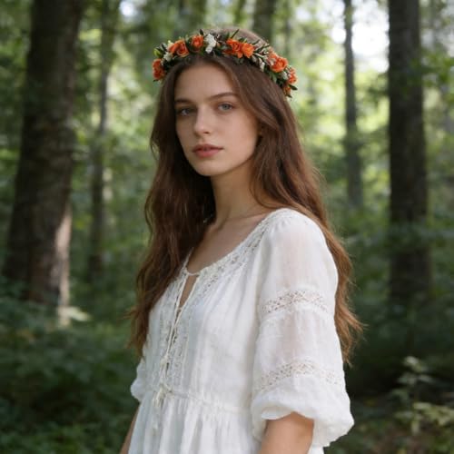 Orange Fairy Flower Headband, Boho Rose Floral Headpiece - color: Orange