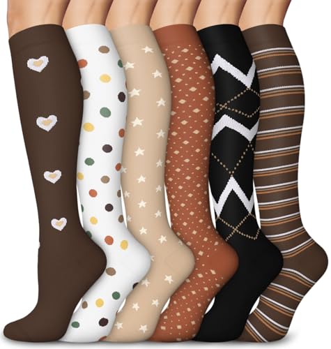 Aoliks Medical Compression Socks for Women & Men, Support Knee High Socks for Running,Nurses,Travel - color: 020 A02-brown/Black/White/Beige/Orange, size: Large-X-Large