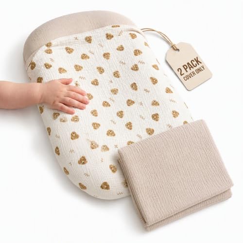 2 Pack Muslin Baby Lounger Covers, Covers Only, 35.5" x 20" - color: 2 Pack Bearbrown