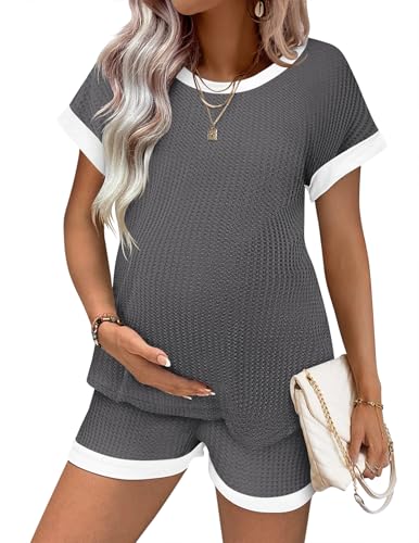 Ekouaer Maternity Pajamas 2 Piece Outfits Waffle Knit Pregnancy Sleepwear - color: Dark Grey, size: Medium
