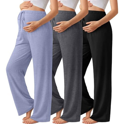 3 Pack Maternity Wide Leg Pants Pregnancy Pants - color: Sky Blue, Dark Gray, Black, size: Large